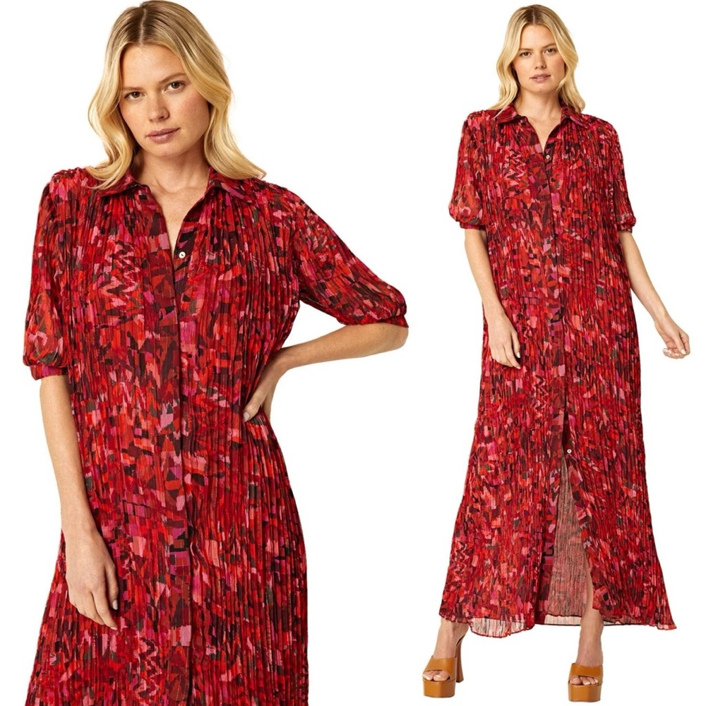 NWOT MISA LOS ANGELES Meredith Dress In Crimson Geo Chiffon Red Pleated Floral